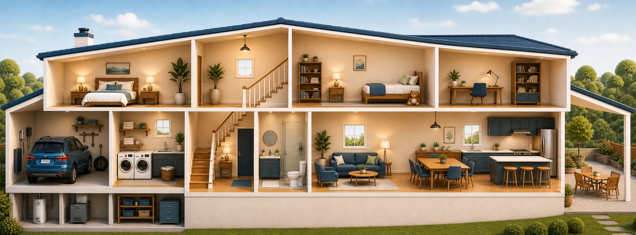 Housemindr horizontal house plan demo with rooms and maintenance task markers.