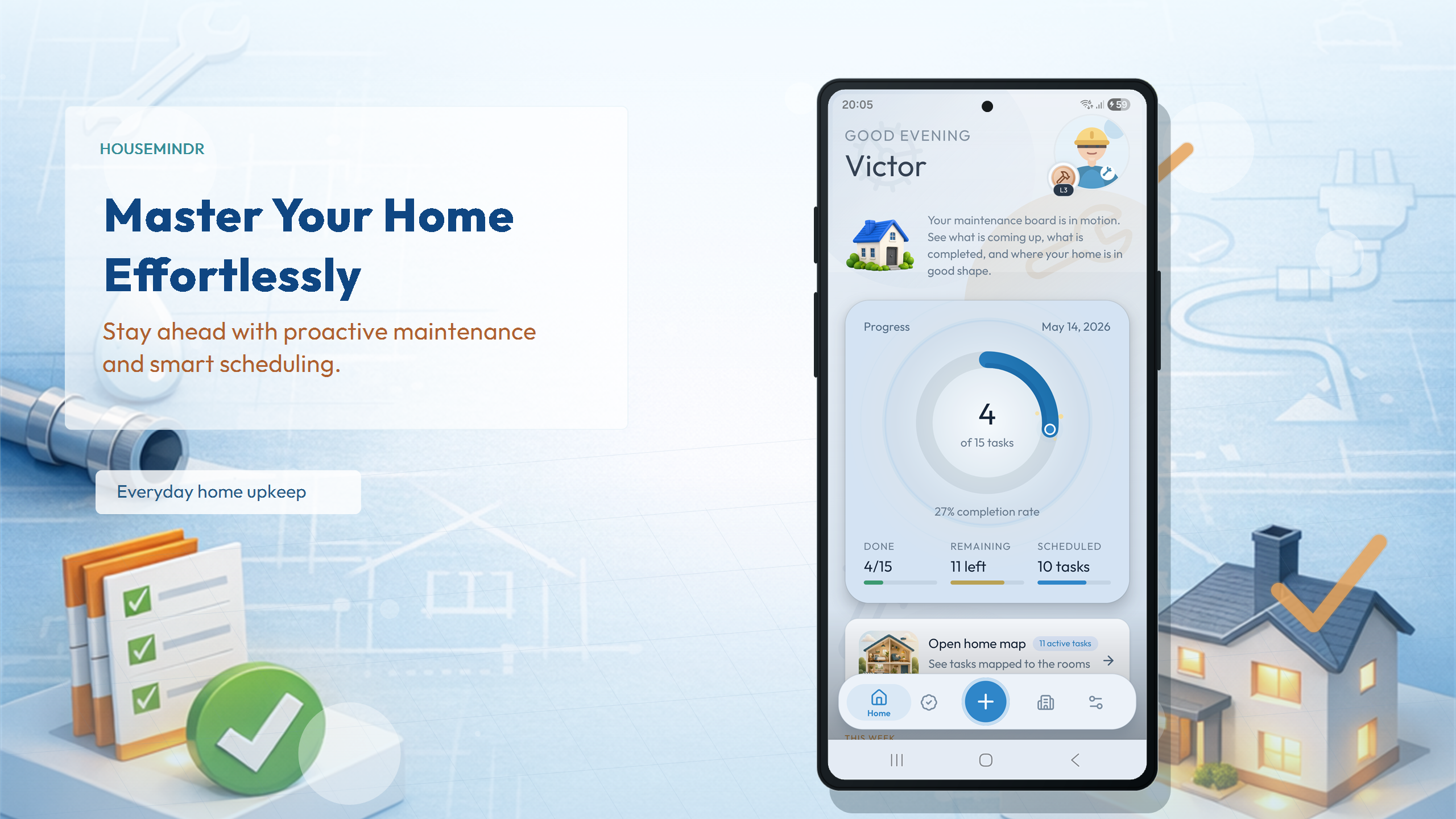 Housemindr Google Play listing artwork showing home maintenance visuals with the Housemindr app screen.