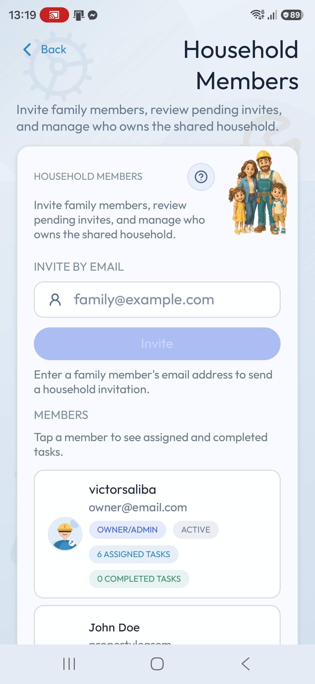 Housemindr Household Members screen showing invitations, member roles, assigned tasks, and completed task counts.