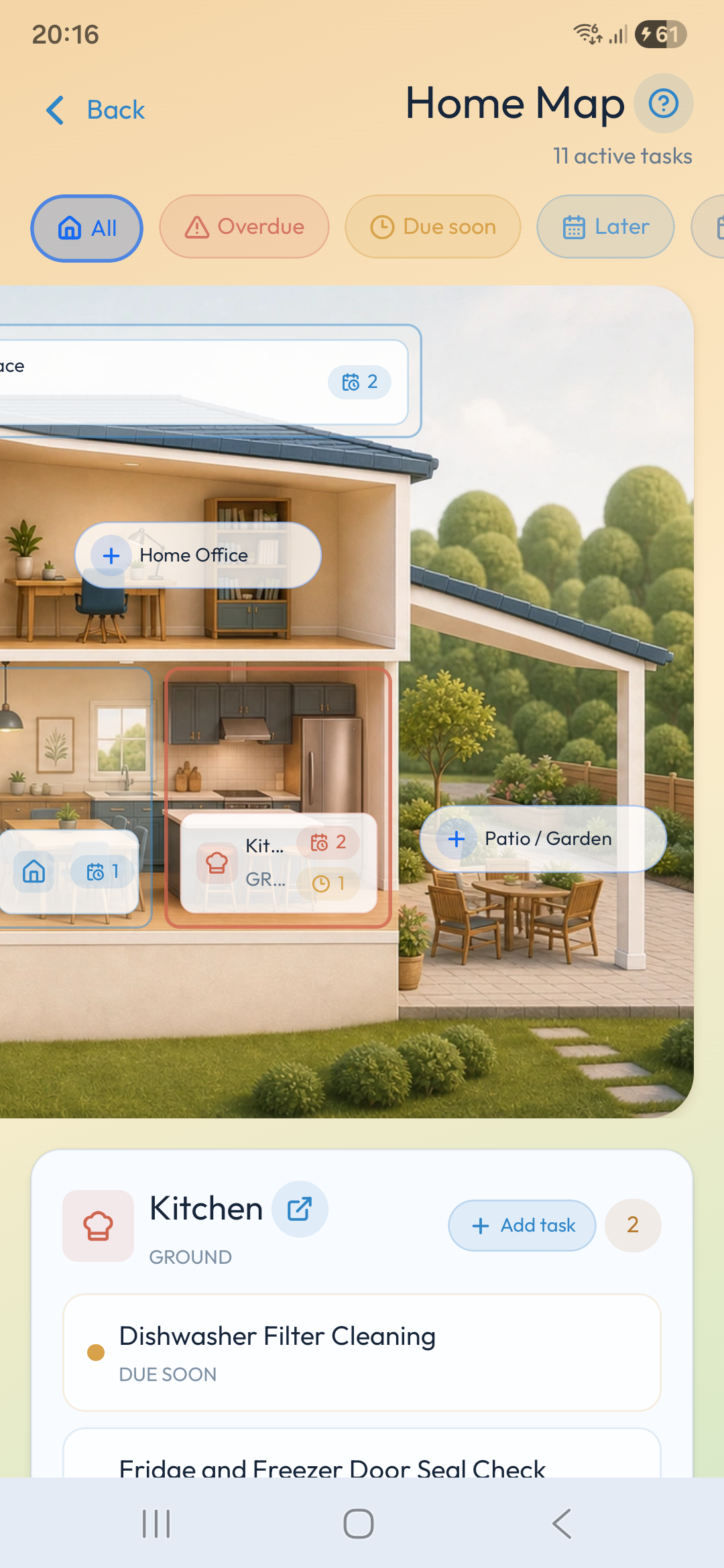 Housemindr home map screen showing rooms, item markers, and linked kitchen maintenance tasks.