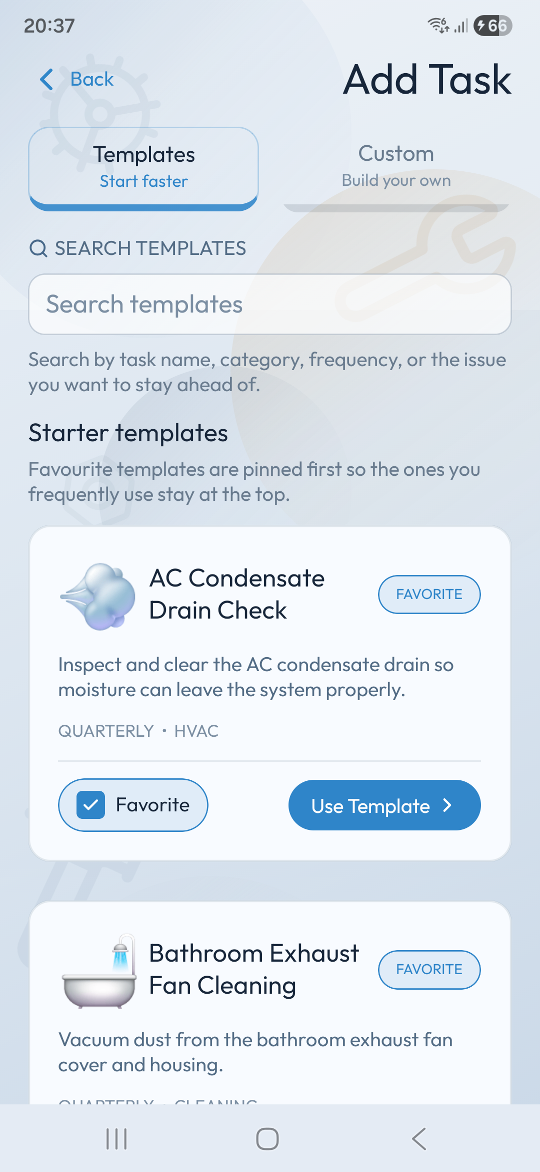 Housemindr add task screen with starter templates, favorites, and maintenance template search.