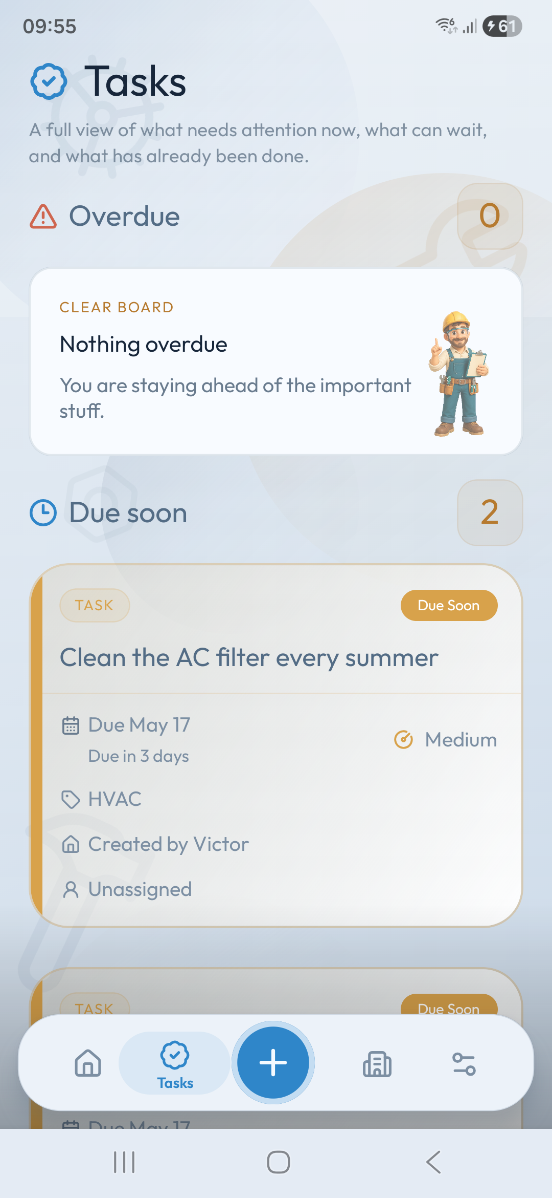 Housemindr tasks overview grouped by overdue, due soon, later, unscheduled, and completed maintenance work.