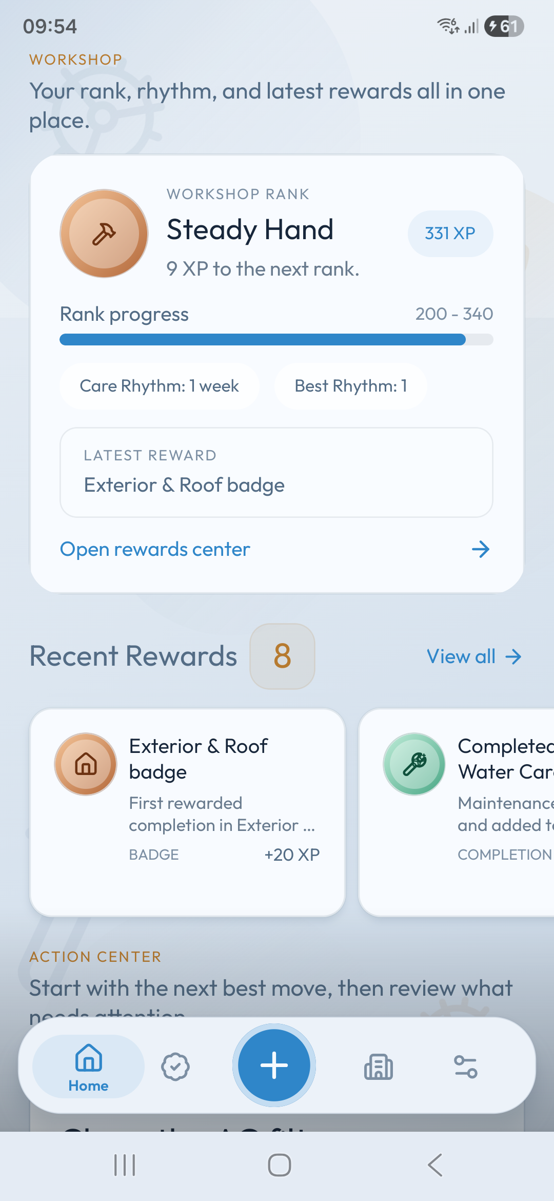 Housemindr rewards screen with rank, XP, badges, milestones, and recent rewards.