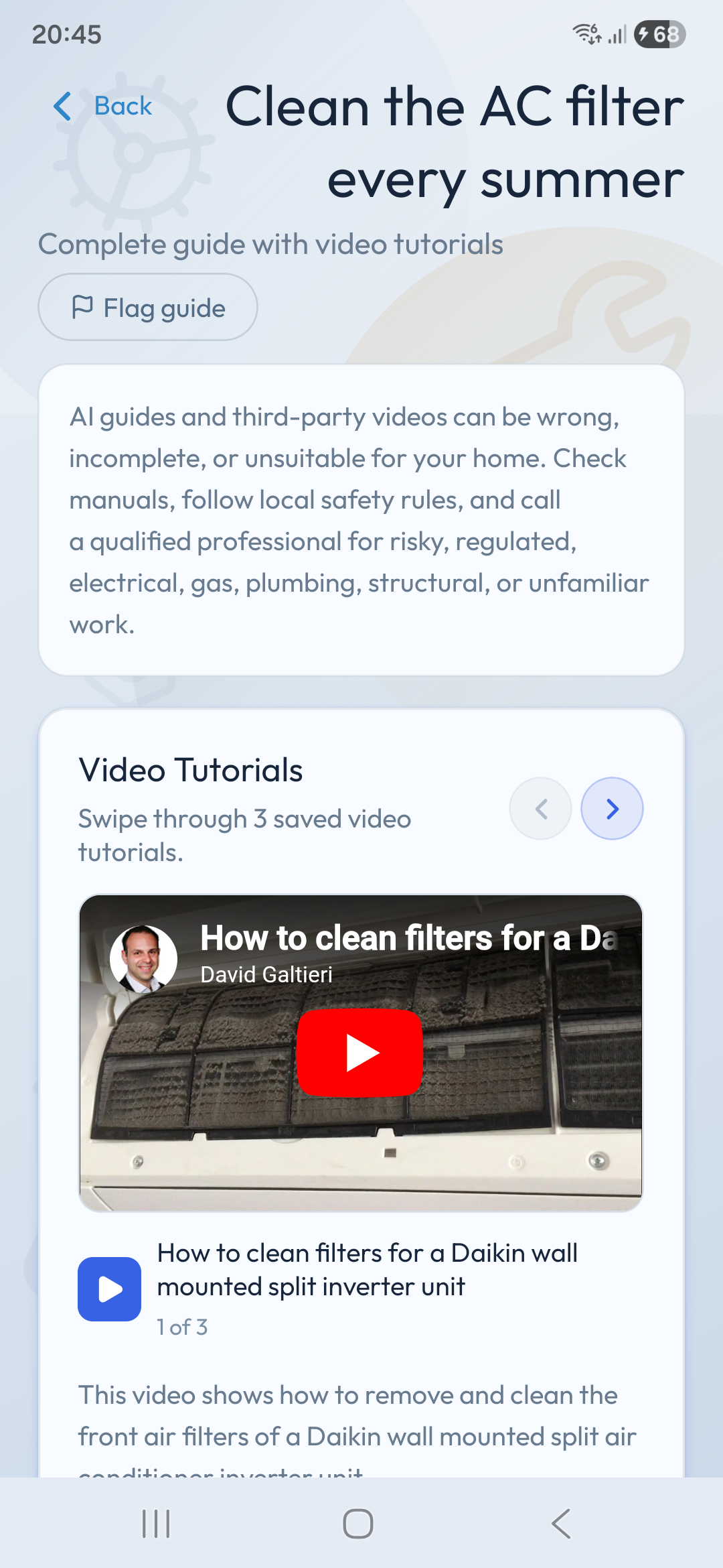 Housemindr guided maintenance screen with video tutorials for an AC filter task.