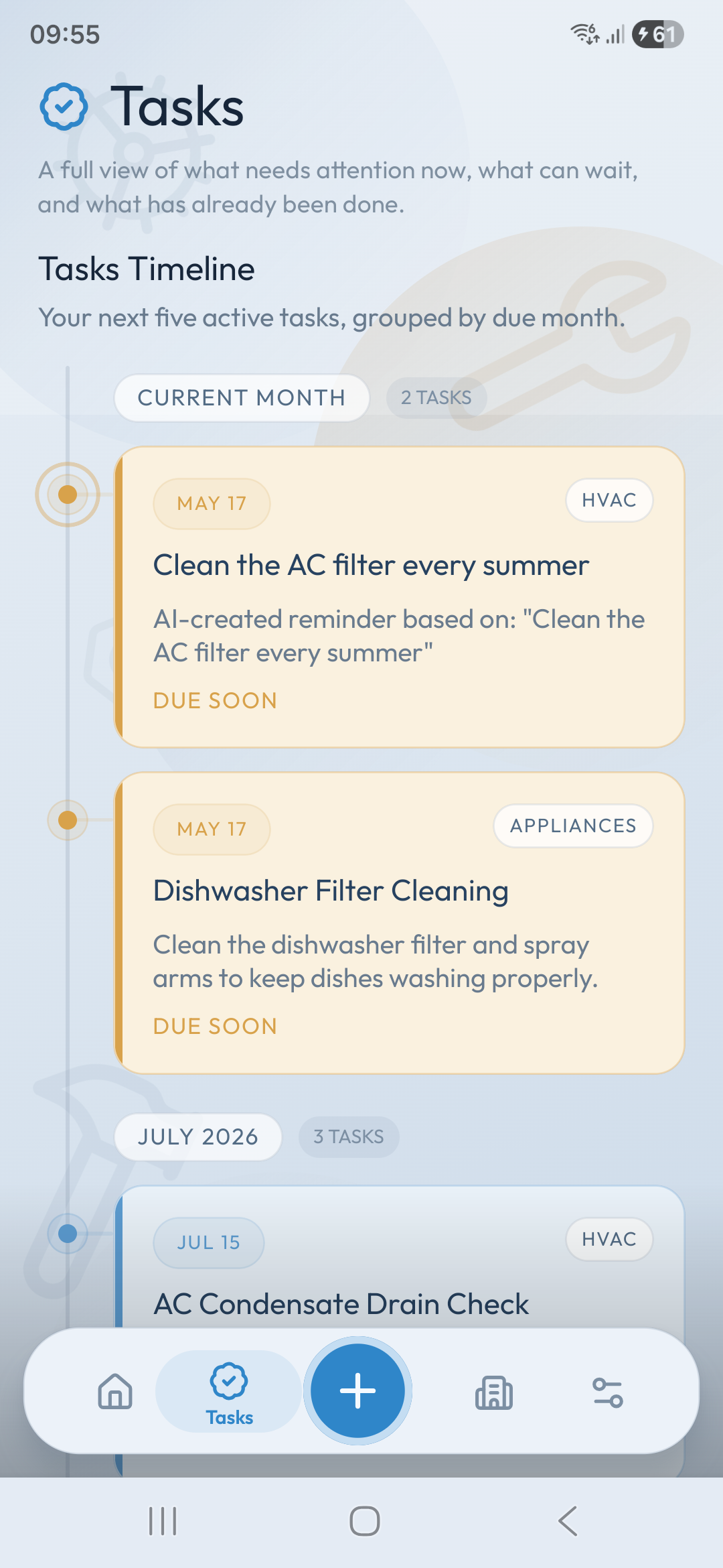 Housemindr timeline showing upcoming home maintenance tasks grouped by month and due date.