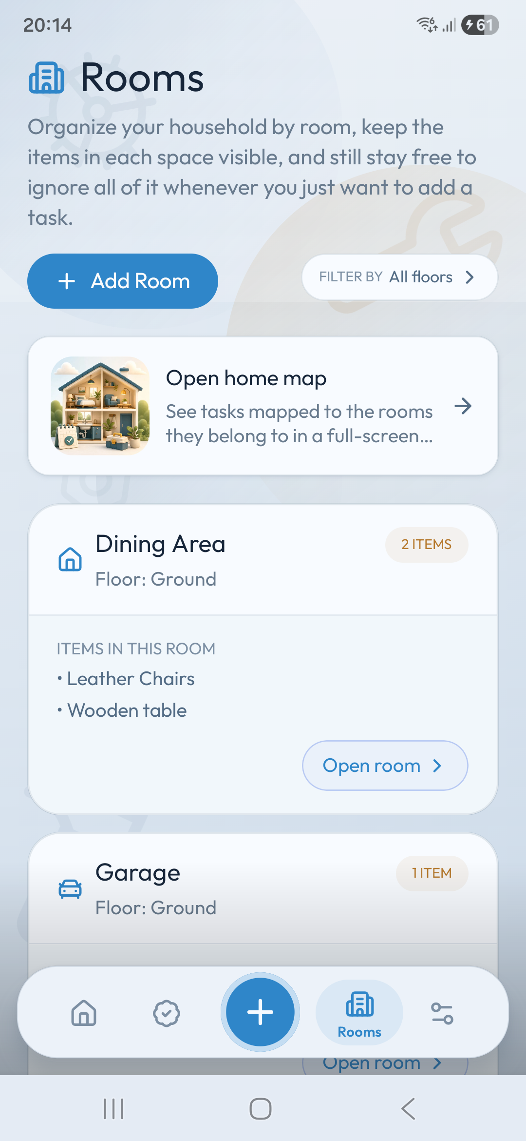 Housemindr rooms screen organizing kitchen and living room items for household maintenance.